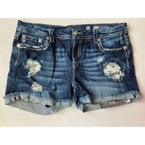 Miss Me Sequined Mid Rise Easy Shorts Distressed Womens Denim Shorts  Size 34